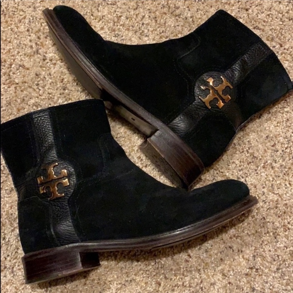 TORY BURCH Frm ITALY RIDER ZIPPER SUEDE LEATHER BLACK GOLD GORG Boots 8M VNTG - Picture 2 of 6